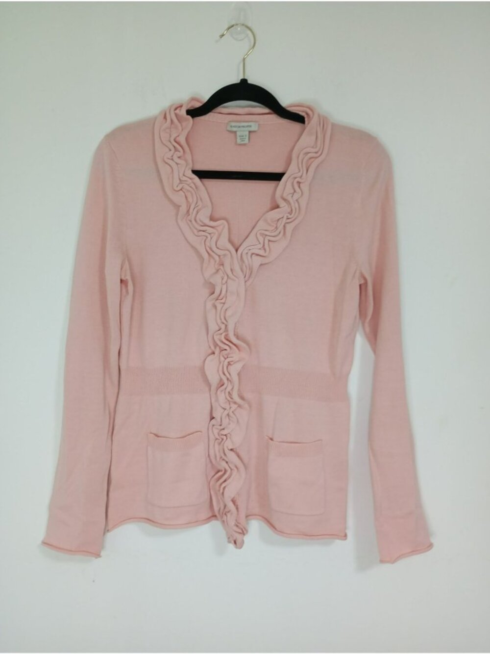 Boston Proper Pink Ruffle Cardigan Sweater Pockets Size Small Cotton Blend